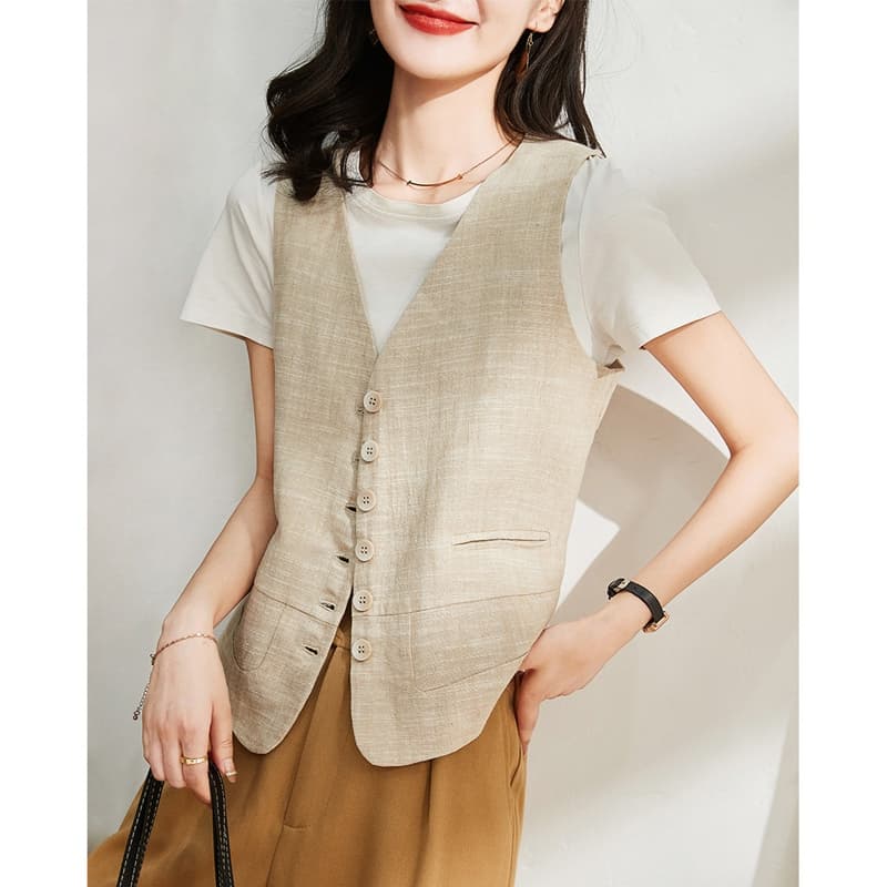 上質麻混素材前開きボタンジレベスト