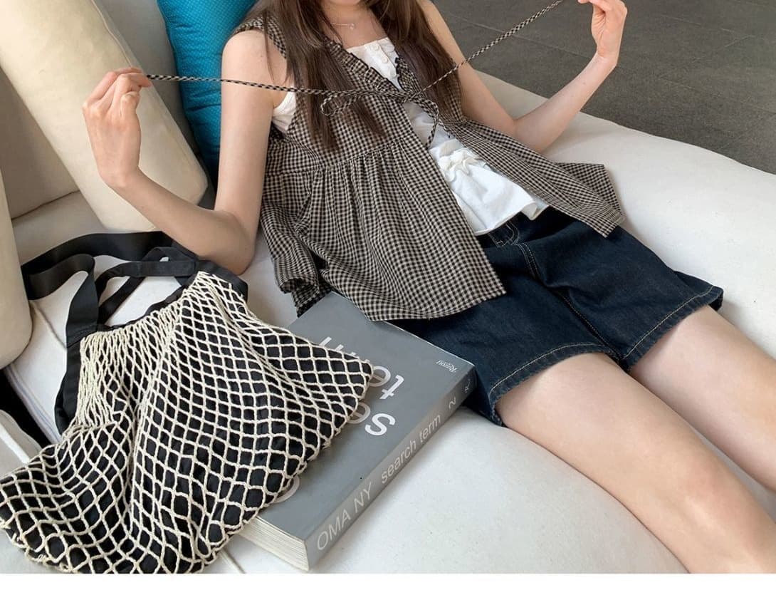 格子柄フレア裾切り替えジレベスト