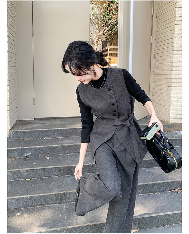 ジレ 非対称デザイン ベスト付きワイドパンツセット