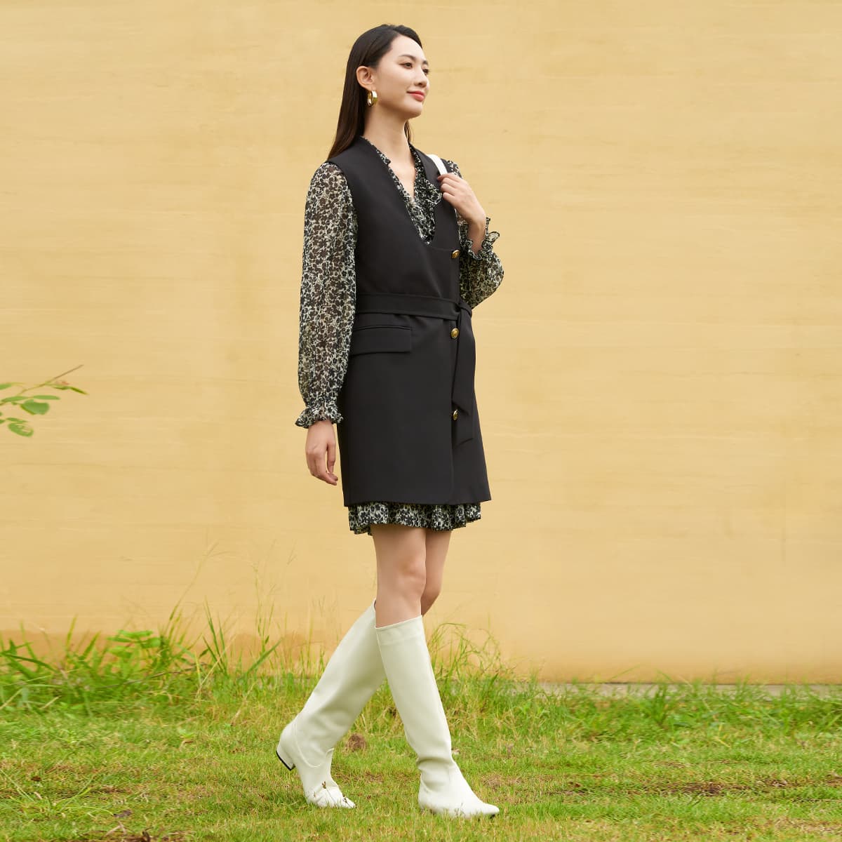 ジレ花柄シフォンスリーブジレワンピース