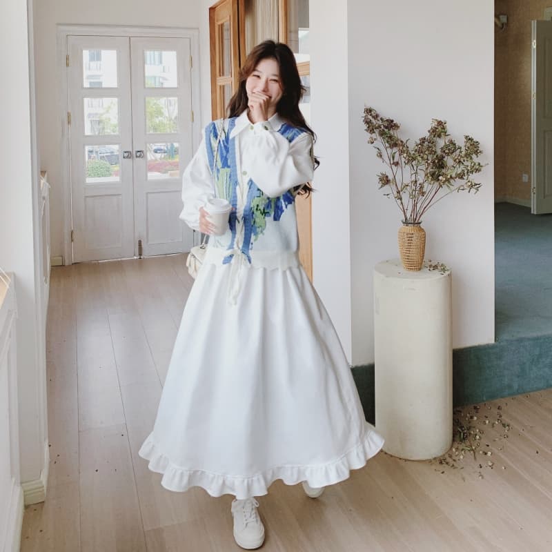 ジレ花柄編みジレ付きティアードワンピース