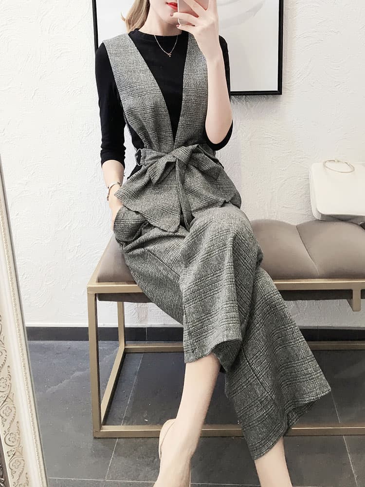 ジレ 深Vネックリボン付きジレセットアップ