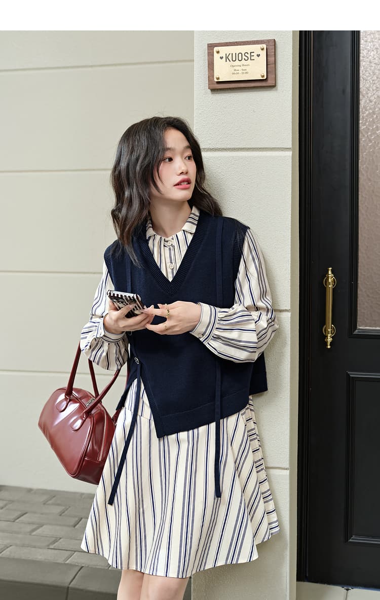 ジレ ストライプ柄シャツワンピース重ね着セット
