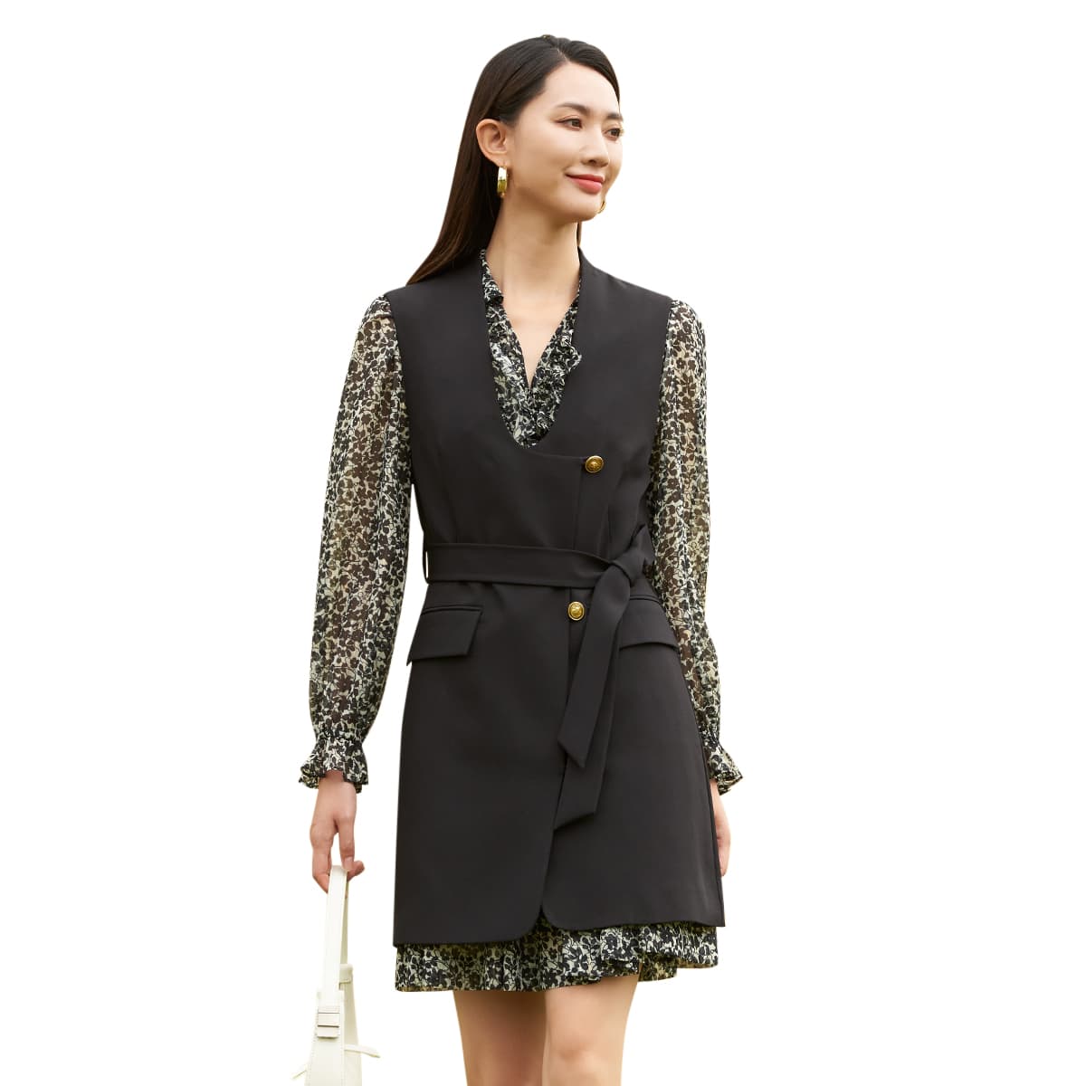 ジレ花柄シフォンスリーブジレワンピース