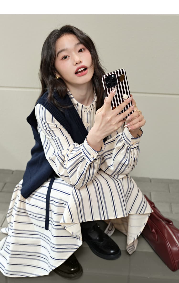 ジレ ストライプ柄シャツワンピース重ね着セット