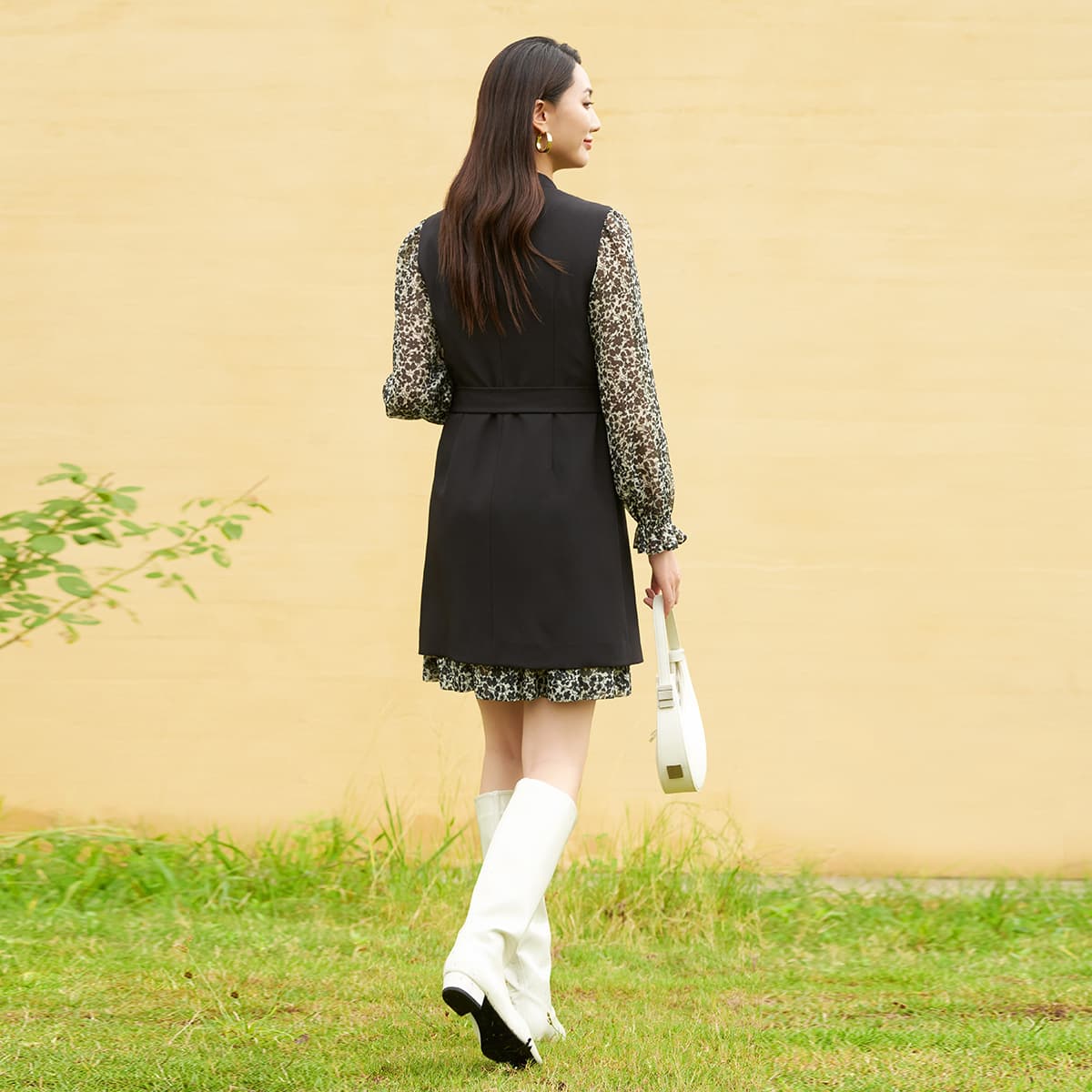 ジレ花柄シフォンスリーブジレワンピース