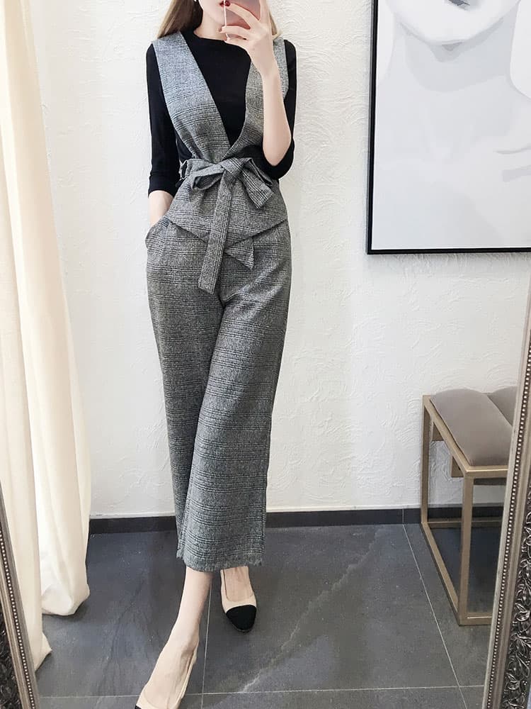 ジレ 深Vネックリボン付きジレセットアップ