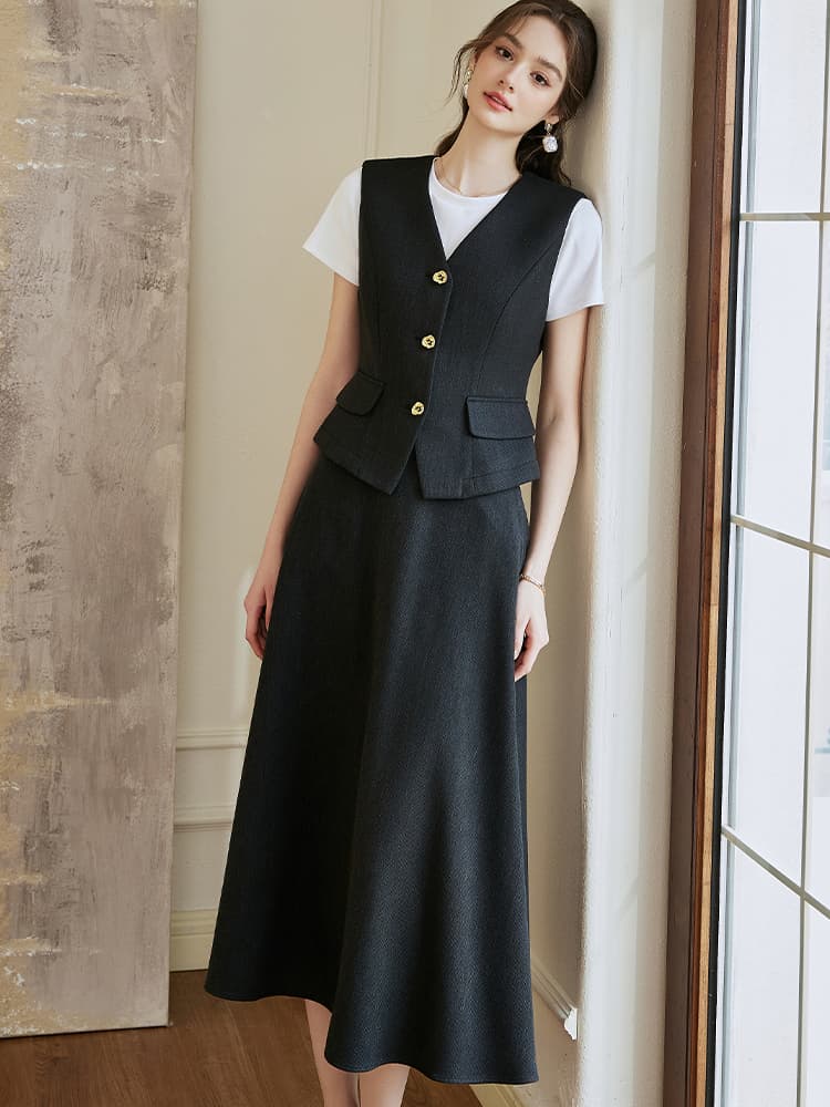 ジレ 上品フレアスカート ジレセットアップ