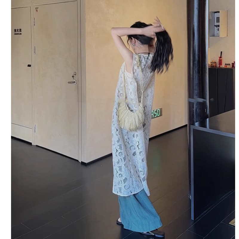 ジレ 透かし編みレースロングジレ